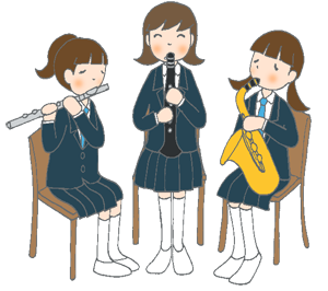 3人並んで色々な木管楽器を演奏する生徒のイラスト